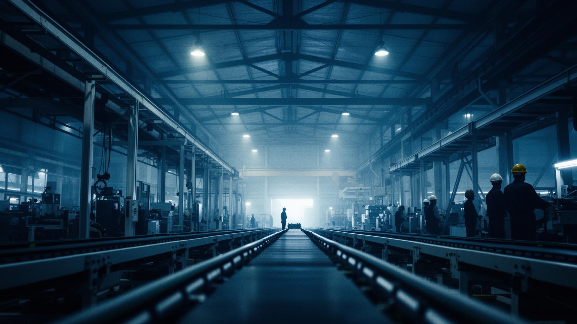 Modern production line in a bright manufacturing facility at golden hour