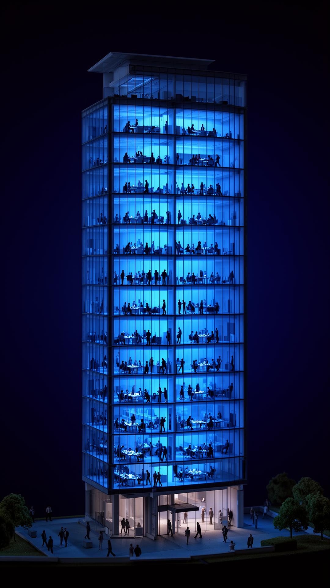 Senior executive reviewing a translucent data visualization in a dark room lit by violet light.