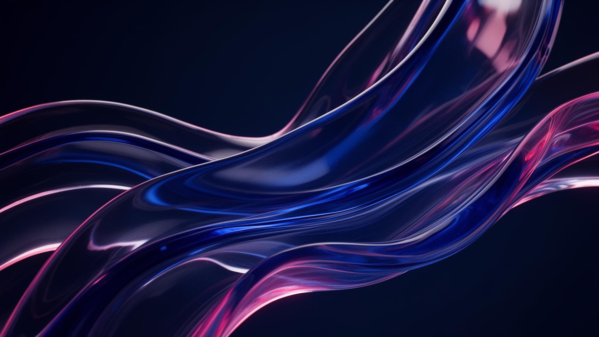 Abstract flowing translucent glass ribbons in cobalt blue and magenta, suggesting transformation