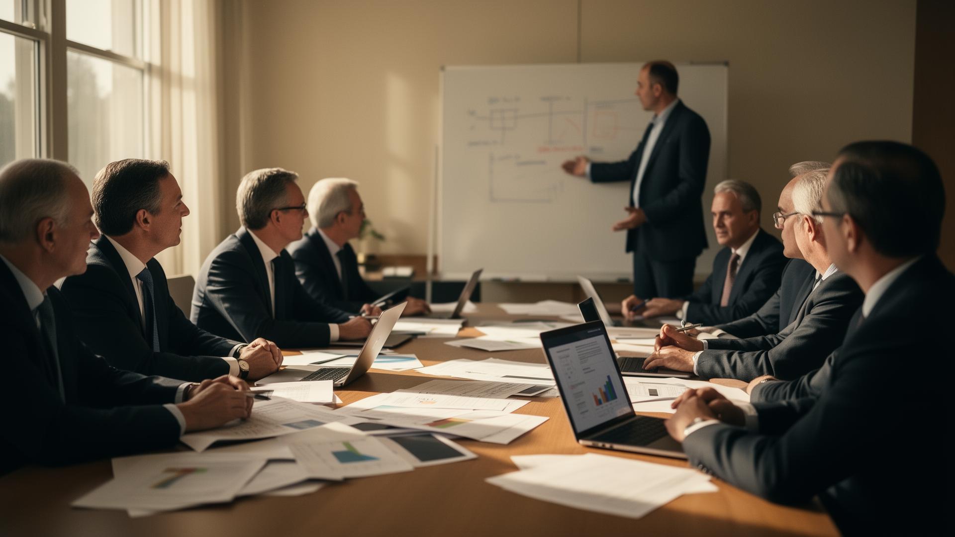Senior executives in a sunlit boardroom mid-discussion around a table covered in papers and laptops