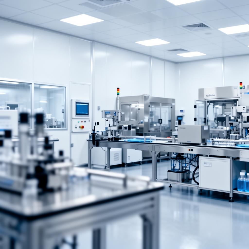 Modern pharmaceutical clean room with sterile white and steel blue tones, precise geometric lines