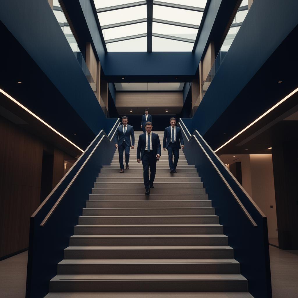 Dramatic modern corporate stairway suggesting organizational change, deep navy and warm neutral tones